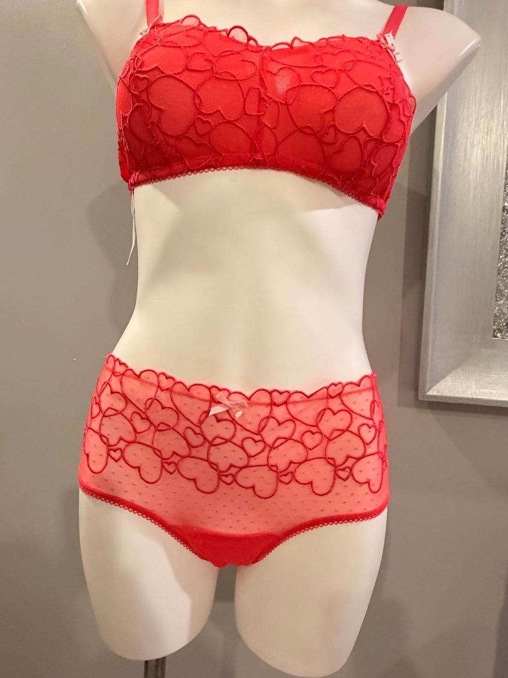 PINK Victoria's Secret Red Heart Lace Balconette Bra & High-Waist Brief